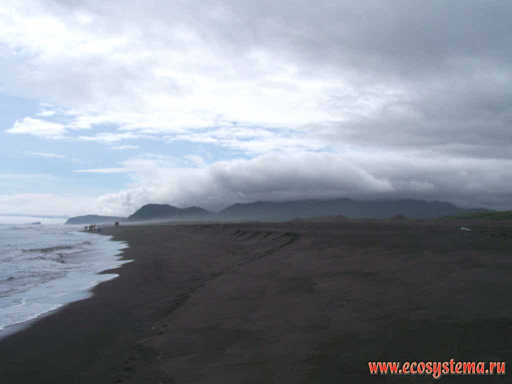 Volcanic sand beach. Halaktyrsky beach, Pacific Ocean coast