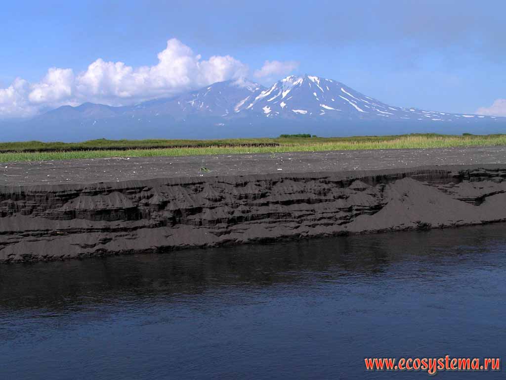 Volcanic sand in the river valley degraded by water
Halaktyrsky beach, Pacific Ocean coast.
Avachinsky (left) and Kozelsky volcanoes in the distance