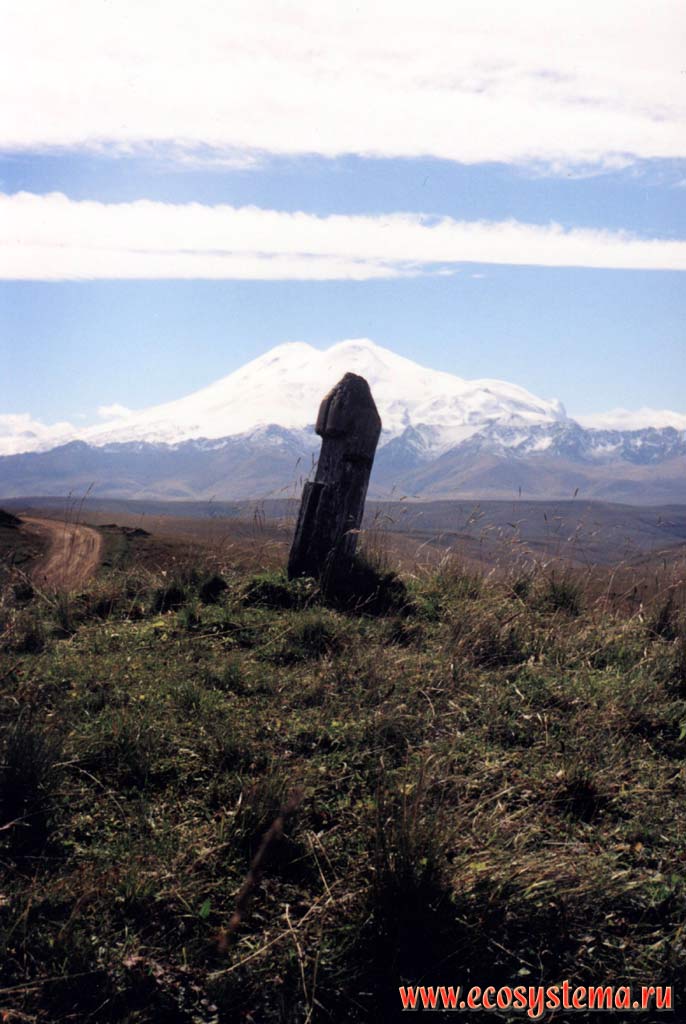 Высшая точка плато Бечасын - 2200 м н.у.м. (квартальный столб). Вид на Эльбрус