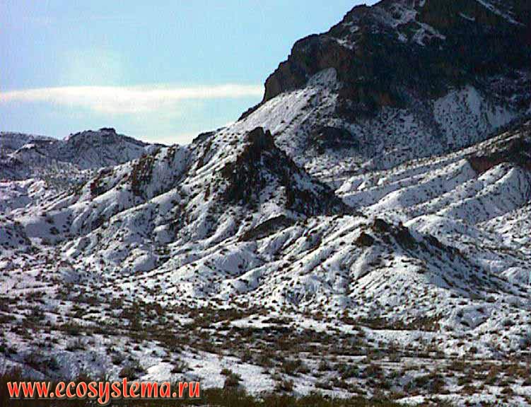 Снег в каменистой пустыне в окрестностях Лаг-Вегаса - редкое явление, наблюдающееся раз в десять лет.
Горный запад Северной Америки, Кордильеры Юго-Запада США, штат Невада