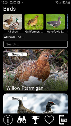 Mobile application field guide Birds of Europe: Songs, Calls and Voices - main screen