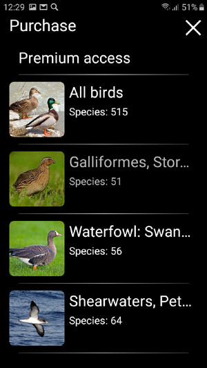 Mobile application field guide Birds of Europe: Songs, Calls and Voices - in-app purchases