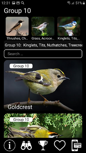 Mobile application field guide Birds of Europe: Songs, Calls and Voices - bird groups