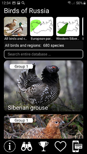 Birds of Russia Songs and Calls: mobile field guide - main screen with all bird species