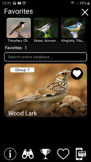 Birds of Russia Songs and Calls: mobile field guide - Favorites list screen