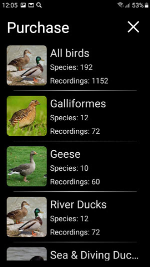Mobile field Guide app Bird Decoys: European Birds Songs, Calls, Sounds - in-app purchase screen