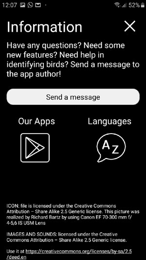 Mobile field Guide app Bird Decoys: European Birds Songs, Calls, Sounds - Information screen