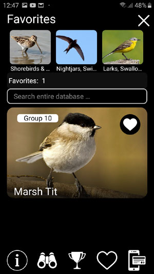 Mobile app Birds of Russia: Field Identification Guide - Favorites page