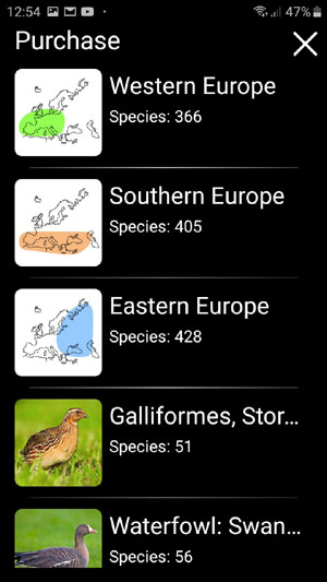 Mobile app Birds of Europe PRO: Field Identification Guide - in-app purchase screen