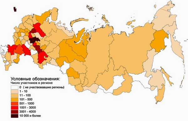 Количество участников Международных дней наблюдений птиц по регионам России