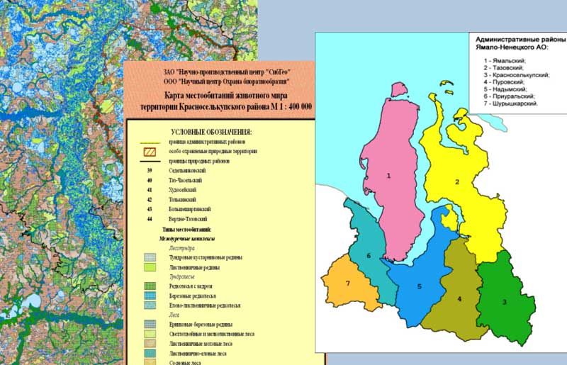 Административные районы и фрагмент карты местообитаний животных Ямало-Ненецкого автономного округа