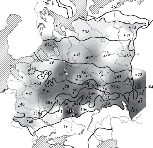 Зимняя плотность пухляка в хвойных и смешанных лесах (в среднем по годам)