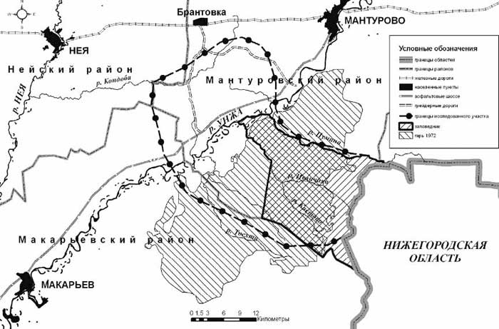 Положение исследованного участка в рамках административных единиц юга Костромской области