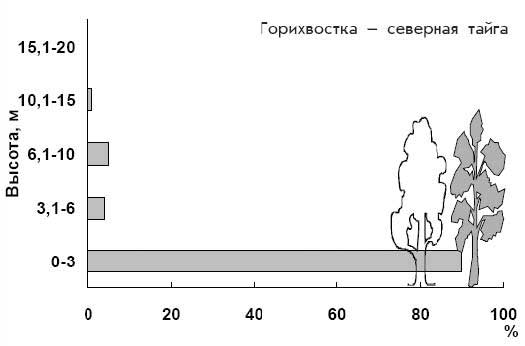 Вертикальное распределение горихвостки во время кормодобывания на сосне и березе
