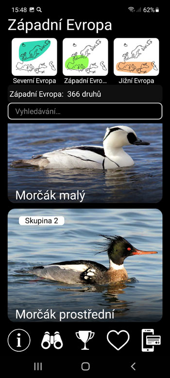 Mobilní aplikace Ptáci Evropy PRO: polní průvodce identifikací, fotografie, hlasy - systematické a ekologické skupiny ptáků