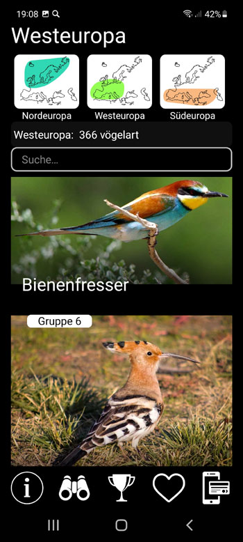 Mobile Feldidentifikationführer Europäische Vögellieder PRO: Lieder, Anrufe und Stimmen - systematische und ökologische Gruppen Bildschirm