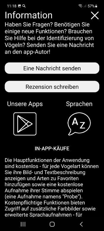 Mobile FeldidentifikationfГјhrer KlangkГ¶der auf EuropГ¤ischen VГ¶gel - Informationsbildschirm