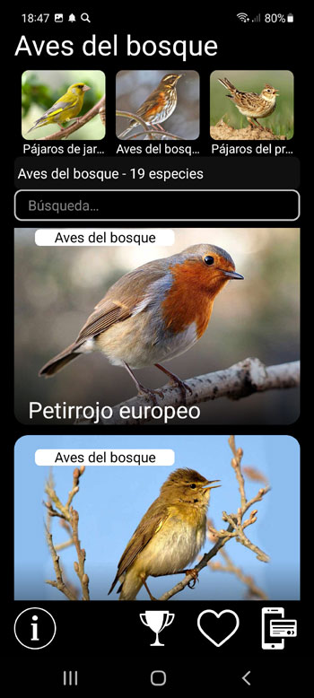 Aplicación móvil Señuelo en las aves Europeas: Cantos, Llamadas, Sonidos de Pájaros Europeos - cribado sistemático, regional y de grupos ecológicos