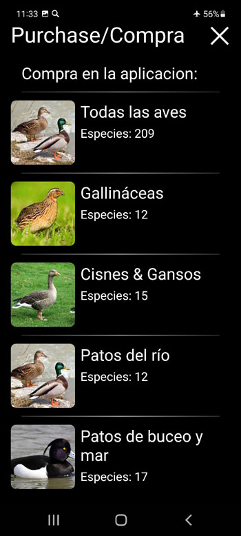 Aplicación móvil Señuelo en las aves Europeas: Cantos, Llamadas, Sonidos de Pájaros Europeos - Pantalla de Compra en la Aplicación