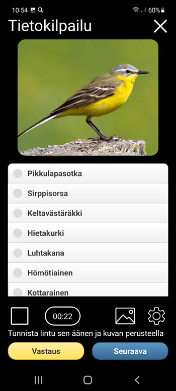 Mobiilisovellus Euroopan lintujen äänet PRO: Lauluja, soittoja, huutoja - Tietokilpailuruutu
