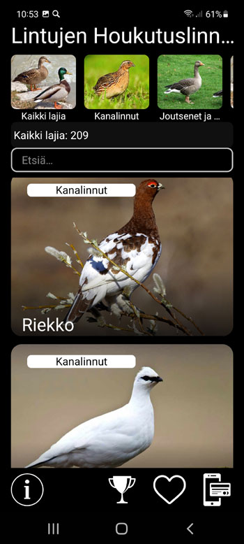 Mobiilisovellus Houkutuslintu Euroopan linnuille: Lauluja, Puheluita, Г„Г¤niГ¤ - pГ¤Г¤nГ¤yttГ¶ kaikkien lintulajien kanssa