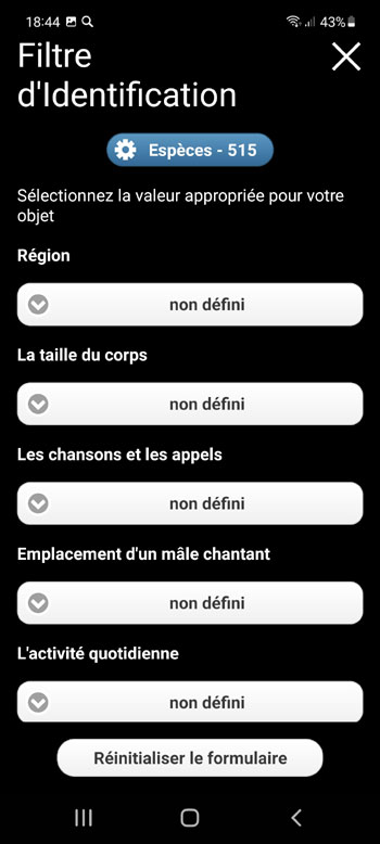 Application Mobile Sons d'Oiseaux EuropГ©ens PRO: Chants, Appels et Voix - Г‰cran de filtre d'identification
