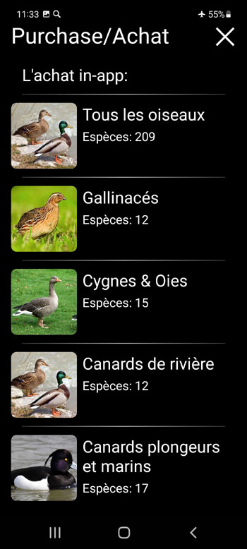 Application Mobile Leurres pour oiseaux Europeens: Chants d'Oiseaux, Appels, Sons - Écran d'achat intégré