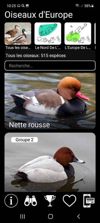Application Mobile Oiseaux d'Europe Guide PRO: dГ©terminateur de terrain, photos et voix - Г©cran principal avec toutes les espГЁces d'oiseaux