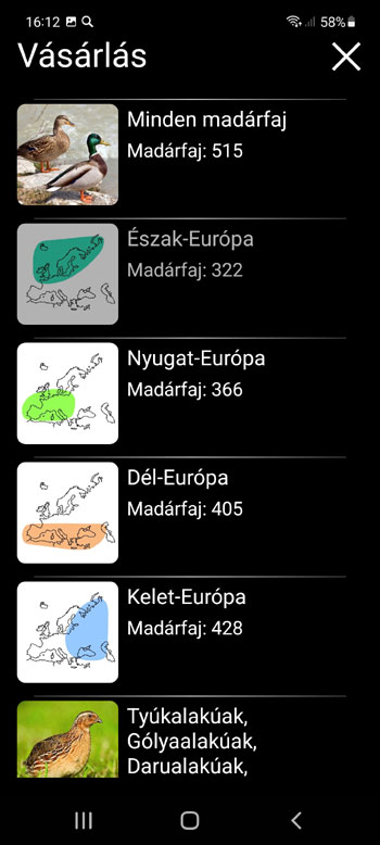 Mobil Alkalmazás Európai madarak hangja PRO: dalok, hívások, sikolyok - Alkalmazáson belüli vásárlási képernyő