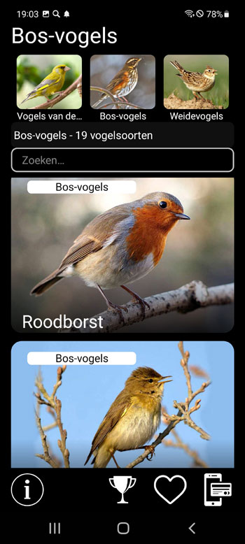 Mobiele Applicatie Lokvogel voor Europese Vogels: Liederen, Oproepen, Geluiden - systematische, regionale en ecologische groepen scherm