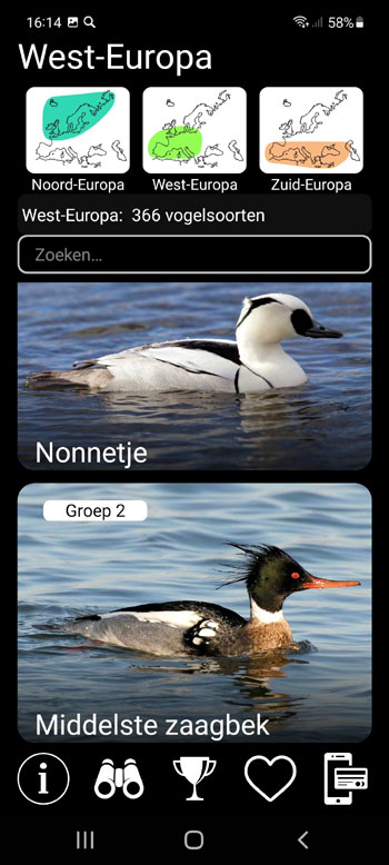 Mobiele Applicatie Vogels van Europa PRO: Veldgids, foto's en oproepen - systematische, regionale en ecologische groepen scherm