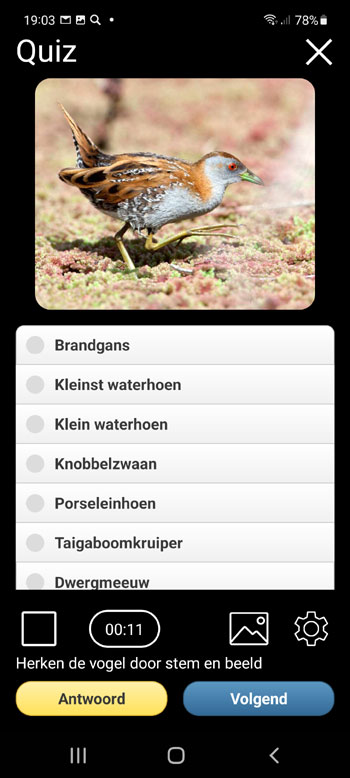 Mobiele Applicatie Vogels van Europa PRO: Veldgids, foto's en oproepen - Quiz-scherm