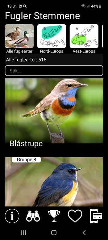 Mobilapplikasjon Stemmer av fugler I Europa PRO: Sanger, Samtaler, Skrik - hovedskjerm med alle fuglearter