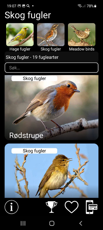 Mobilapplikasjon Europeiske fugler Lokkeduer: Sanger, Samtaler, Lyder - systematiske, regionale og Гёkologiske grupper skjerm