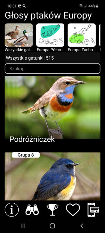 Aplikacja Mobilna Głosy ptaków Europy PRO: pieśni, rozmowy i głosy - główny ekran ze wszystkimi gatunkami ptaków