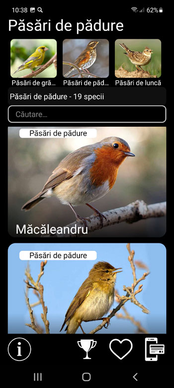Aplicație Mobilă Momeală sonoră pentru păsările Europei: cântece, apeluri, voci de păsări - grupuri sistematice, regionale și ecologice