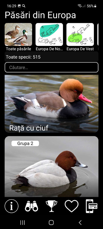 Aplicație Mobilă Păsări din Europa PRO: ghid de identificare, fotografii, voci - ecranul principal cu toate speciile de păsări