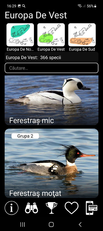 Aplicație Mobilă Păsări din Europa PRO: ghid de identificare, fotografii, voci - grupuri sistematice, regionale și ecologice