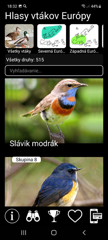 Mobilná Aplikácia Hlasy vtákov Európy PRO: hlasy, spevy, hovory a zvuky - hlavná obrazovka so všetkými druhmi vtákov