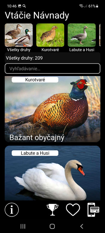 Mobilná Aplikácia Návnady pre Európske vtáky: hlasy, spevy, hovory, zvuky - hlavná obrazovka so všetkými druhmi vtákov