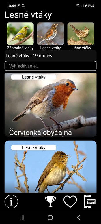 Mobilná Aplikácia Návnady pre Európske vtáky: hlasy, spevy, hovory, zvuky - systematické, regionálne a ekologické skupiny