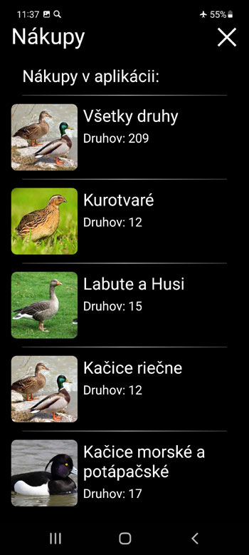 Mobilná Aplikácia Návnady pre Európske vtáky: hlasy, spevy, hovory, zvuky - obrazovka nákupu v aplikácii
