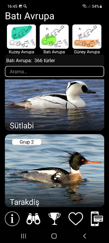 Mobil Uygulama Avrupa kuşları PRO: tanımlama kılavuzu, fotoğraflar, kuşların şarkıları - sistematik, bölgesel ve ekolojik gruplar ekranı