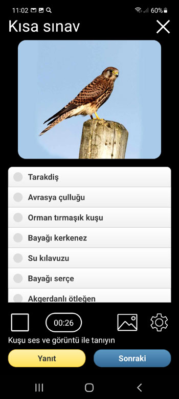 Mobil Uygulama Avrupa kuşları PRO: tanımlama kılavuzu, fotoğraflar, kuşların şarkıları - Sınav ekranı