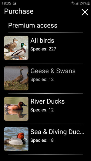Мобильное приложение Птицы Северной Америки: манок и голоса - Birds of North America: Songs, Calls & Decoys - страница покупок звуковых файлов