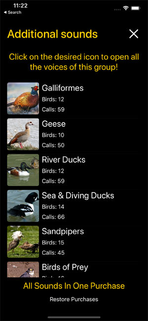 Мобильное приложение Манок на птиц: Птицы Европы - страница покупки звуковых файлов