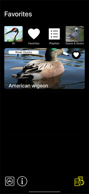 Мобильное приложение Манок на птиц: Птицы Северной Америки - Birds of North America: Decoys - образец страницы Избранное Favorites
