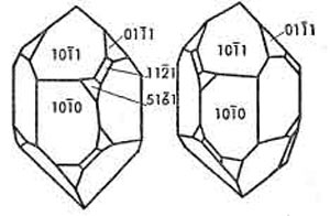 Правый (а) и левый (б) кристаллы кварца
