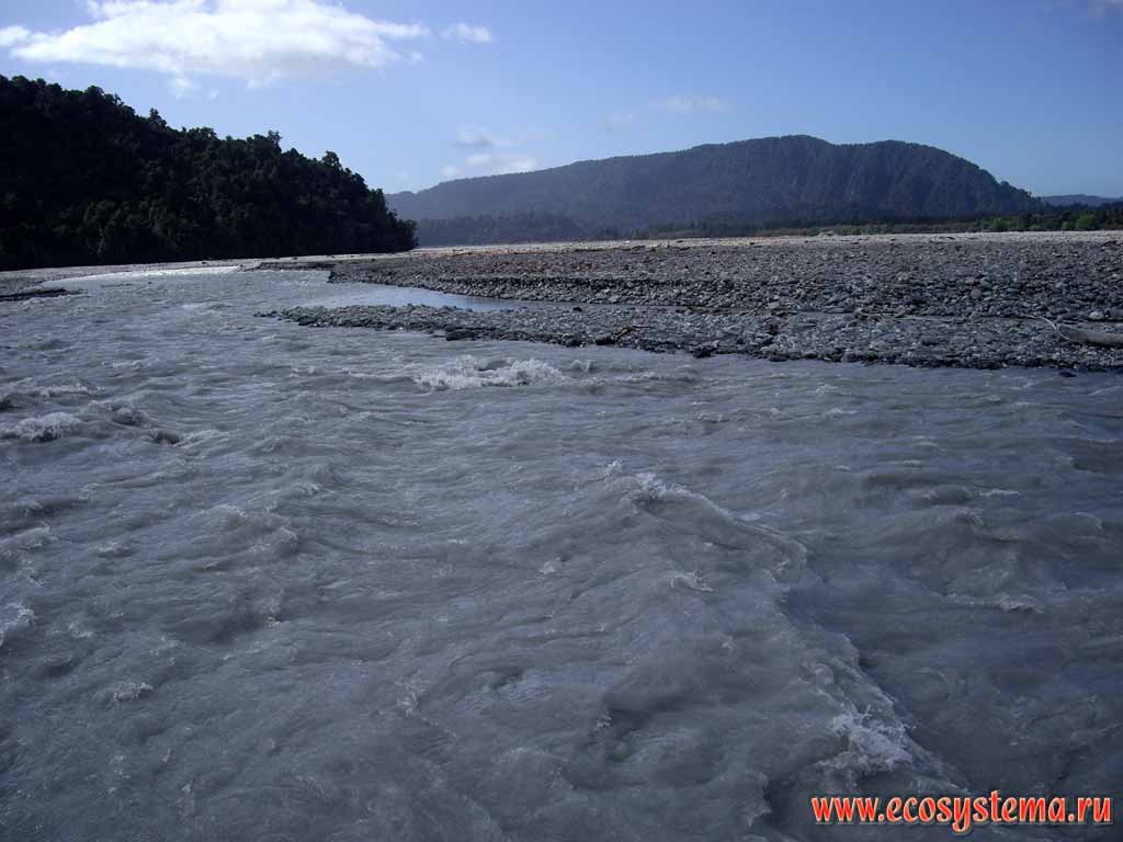 Waiho river, flowing from the France Joseph Glacier.
West-coast region, western coast of the South Island, New Zealand