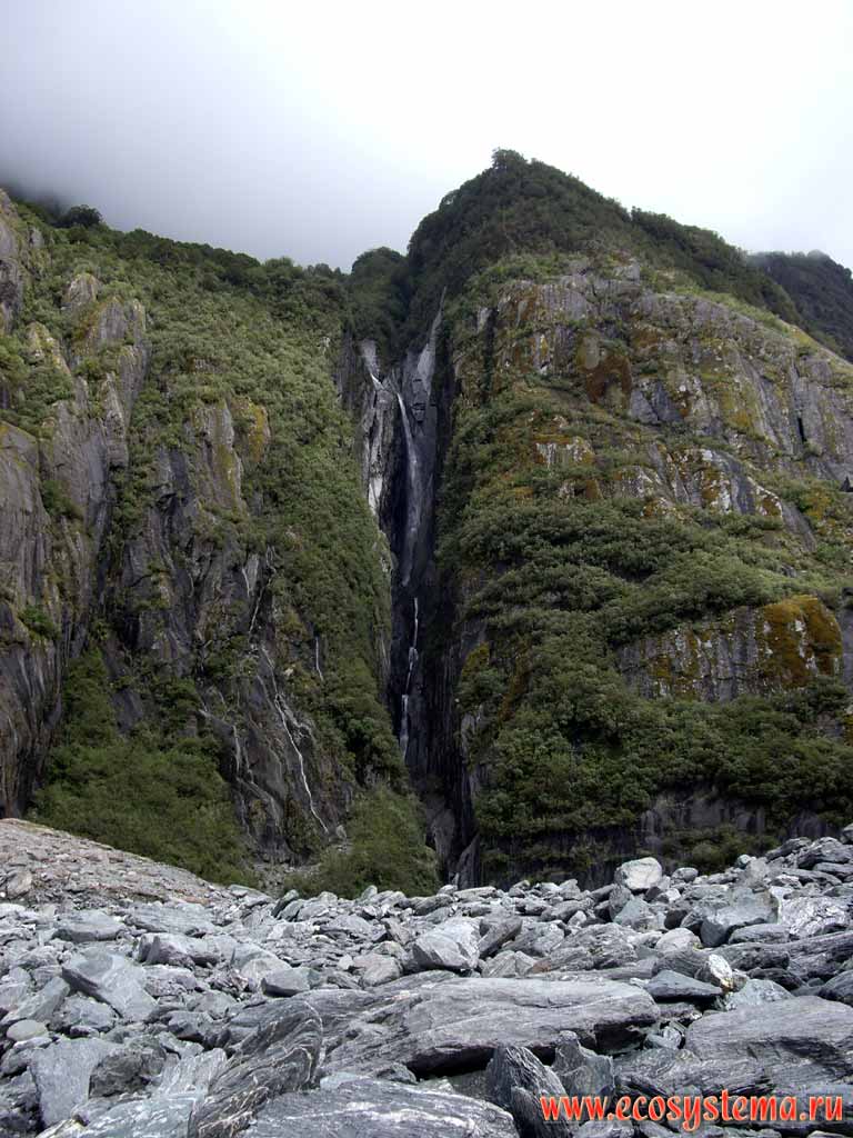 Mountain waterfall on the slope of France Joseph Glacier ancient valley.
Westland National Park, West-coast region, South Island, New Zealand